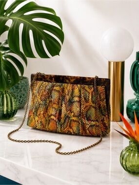 Kotur Genuine Python Clutch – Multicolor Exotic Leather | Tortoise Lucite Frame